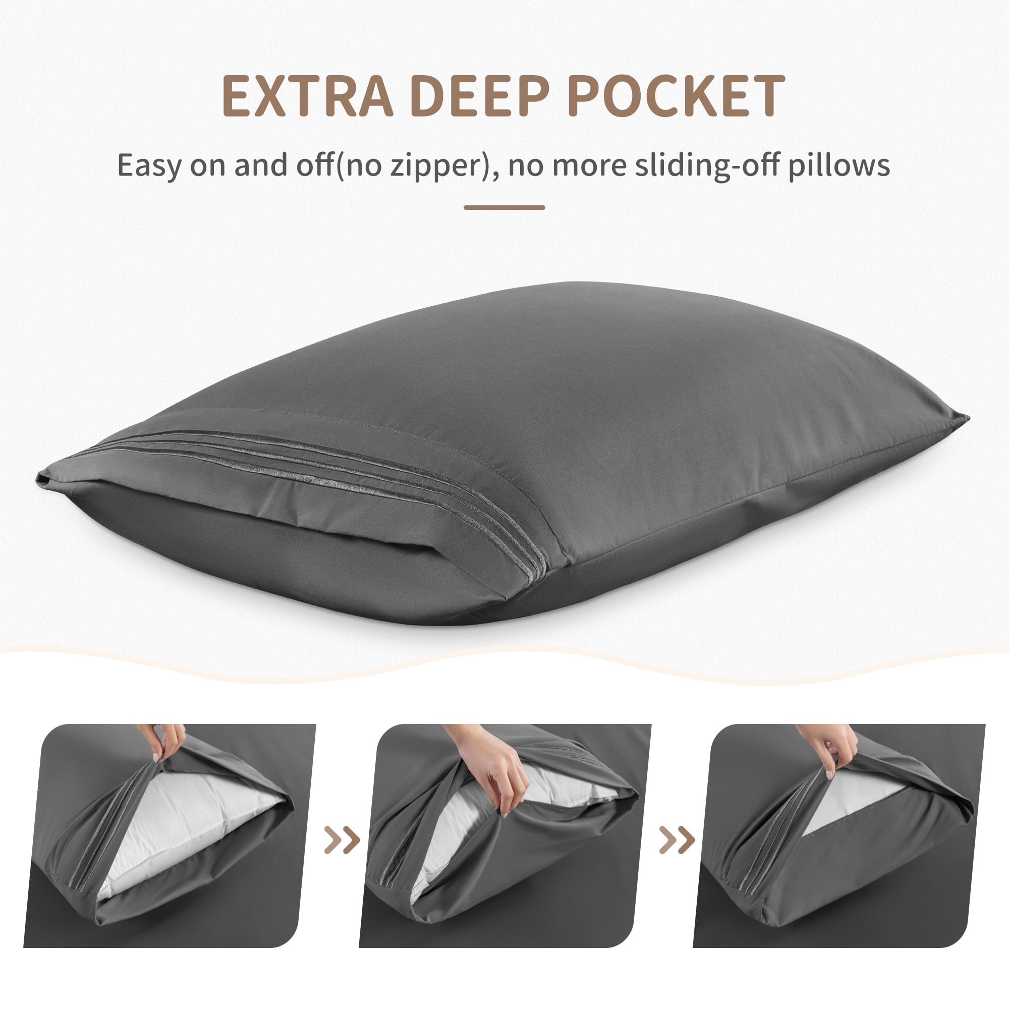 6 Pieces Bed Sheet Set, 1800 Series Soft Microfiber Queen Sheets with 16" Deep Pocket, Dark Gray - Image 2